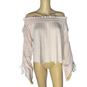 Free People‎ Off the Shoulder Flowy Bell Sleeve Pale Pink Cropped Top Size Small